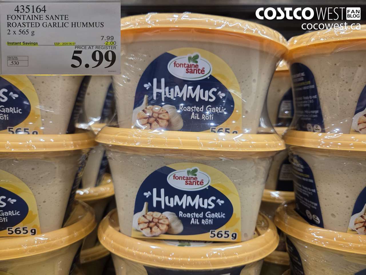 435164 FONTAINE SANTE ROASTED GARLIC HUMMUS 2 X 565 G ($2.00 INSTANT SAVINGS EXPIRES ON 2026-06-07) $5.99