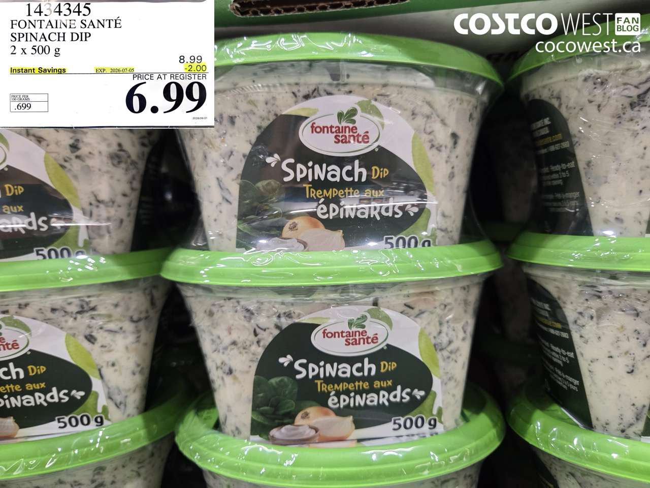 1434345 FONTAINE SANTÉ SPINACH DIP 2 X 500 G ($2.00 INSTANT SAVINGS EXPIRES ON 2026-07-05) $6.99