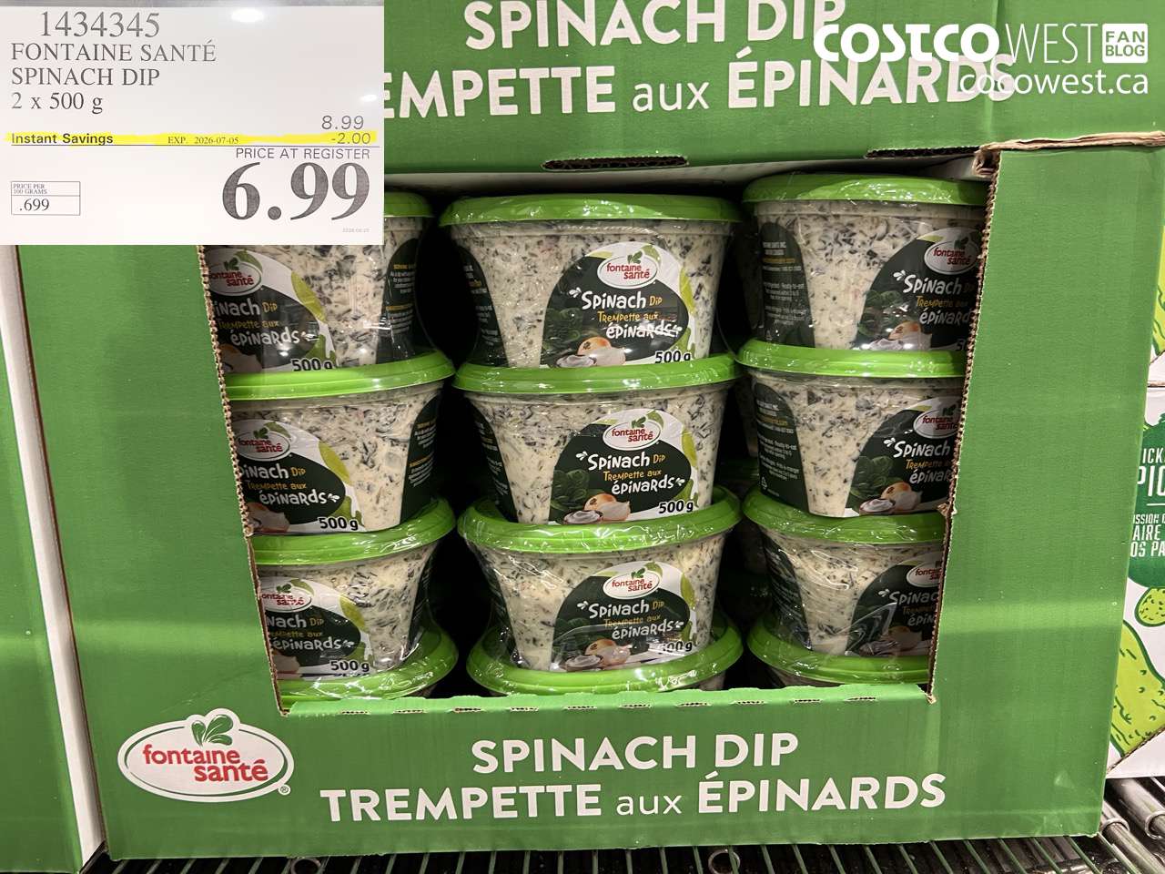 1434345 FONTAINE SANTÉ SPINACH DIP 2 X 500 G ($2.00 INSTANT SAVINGS EXPIRES ON 2026-07-05) $6.99