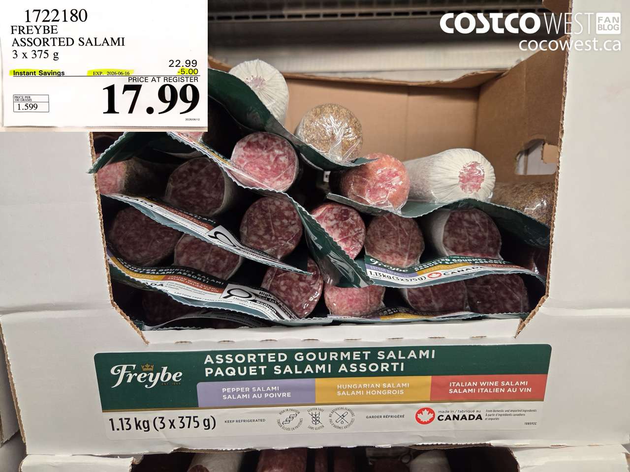 1722180 FREYBE ASSORTED SALAMI 3 X 375 G ($5.00 INSTANT SAVINGS EXPIRES ON 2026-06-16) $17.99