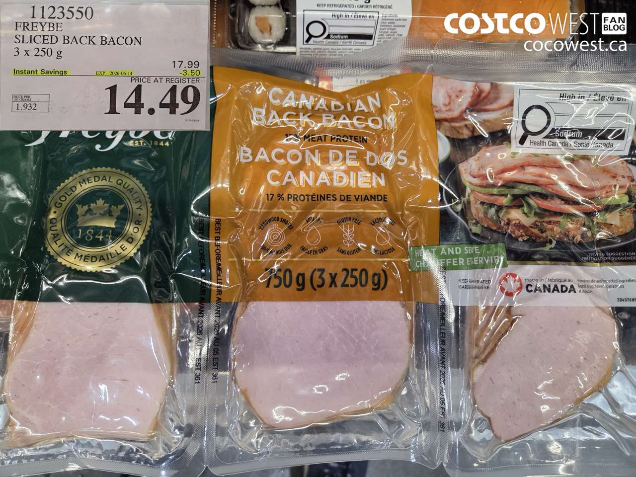 1123550 FREYBE SLICED BACK BACON 3 X 250 G ($3.50 INSTANT SAVINGS EXPIRES ON 2026-06-14) $14.49