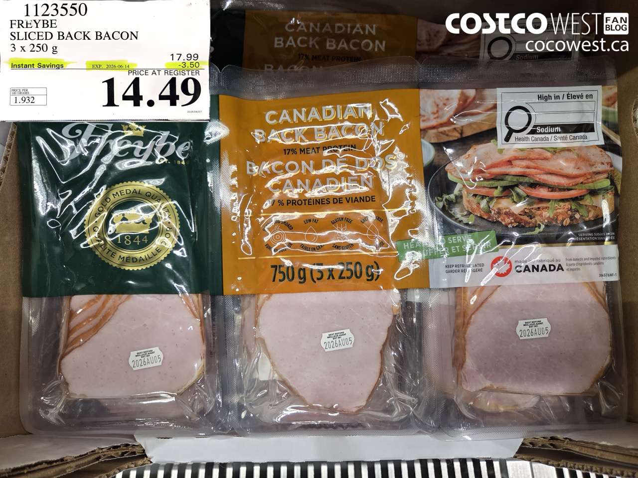 1123550 FREYBE SLICED BACK BACON 3 X 250 G ($3.50 INSTANT SAVINGS EXPIRES ON 2026-06-14) $14.49