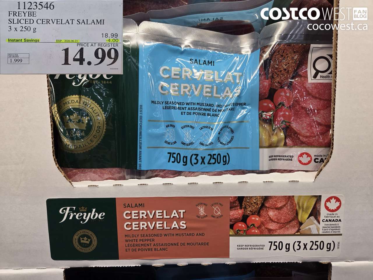 1123546 FREYBE SLICED CERVELAT SALAMI 3 X 250 G ($4.00 INSTANT SAVINGS EXPIRES ON 2026-06-21) $14.99