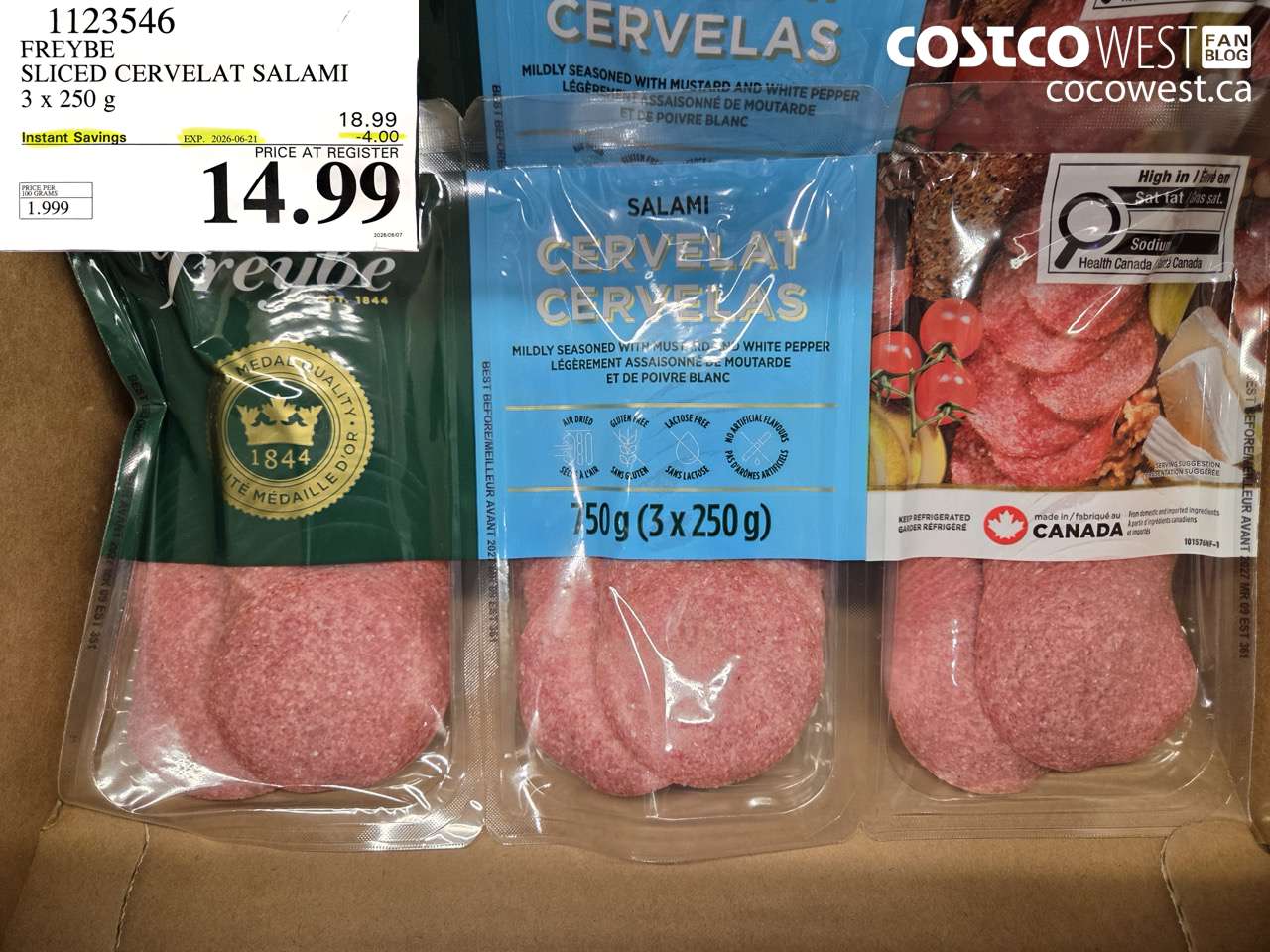 1123546 FREYBE SLICED CERVELAT SALAMI 3 X 250 G ($4.00 INSTANT SAVINGS EXPIRES ON 2026-06-21) $14.99