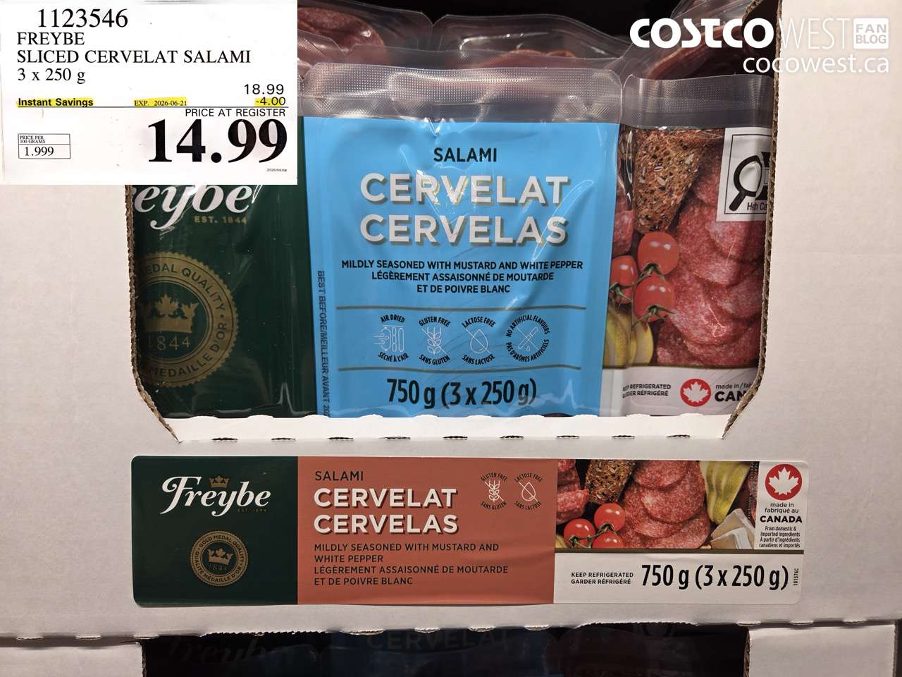 1123546 FREYBE SLICED CERVELAT SALAMI 3 X 250 G ($4.00 INSTANT SAVINGS EXPIRES ON 2026-06-21) $14.99