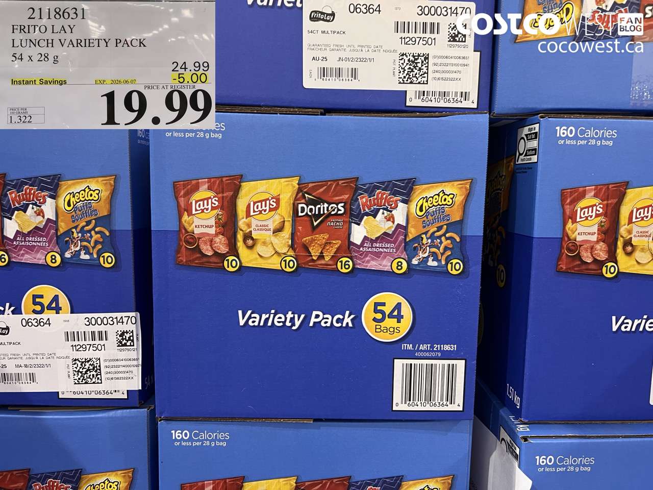 2118631 FRITO LAY LUNCH VARIETY PACK 54 X 28 G ($5.00 INSTANT SAVINGS EXPIRES ON 2026-06-07) $19.99