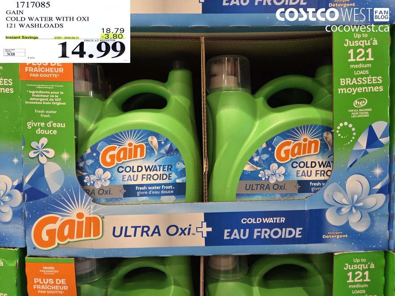 1717085 GAIN COLD WATER WITH OXI 121 WASHLOADS ($3.80 INSTANT SAVINGS EXPIRES ON 2026-06-21) $14.99