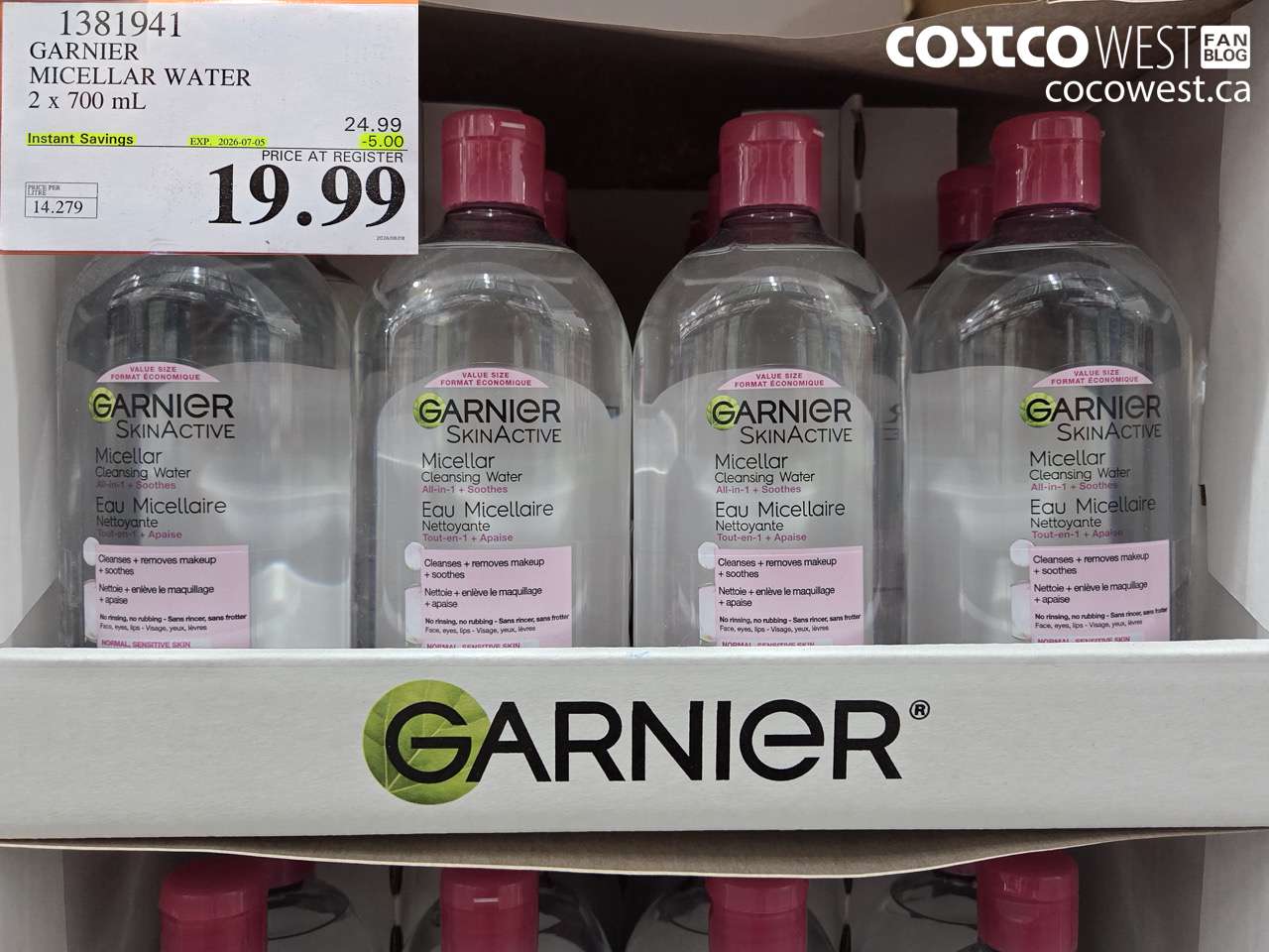1381941 GARNIER MICELLAR WATER 2 X 700 ML ($5.00 INSTANT SAVINGS EXPIRES ON 2026-07-05) $19.99