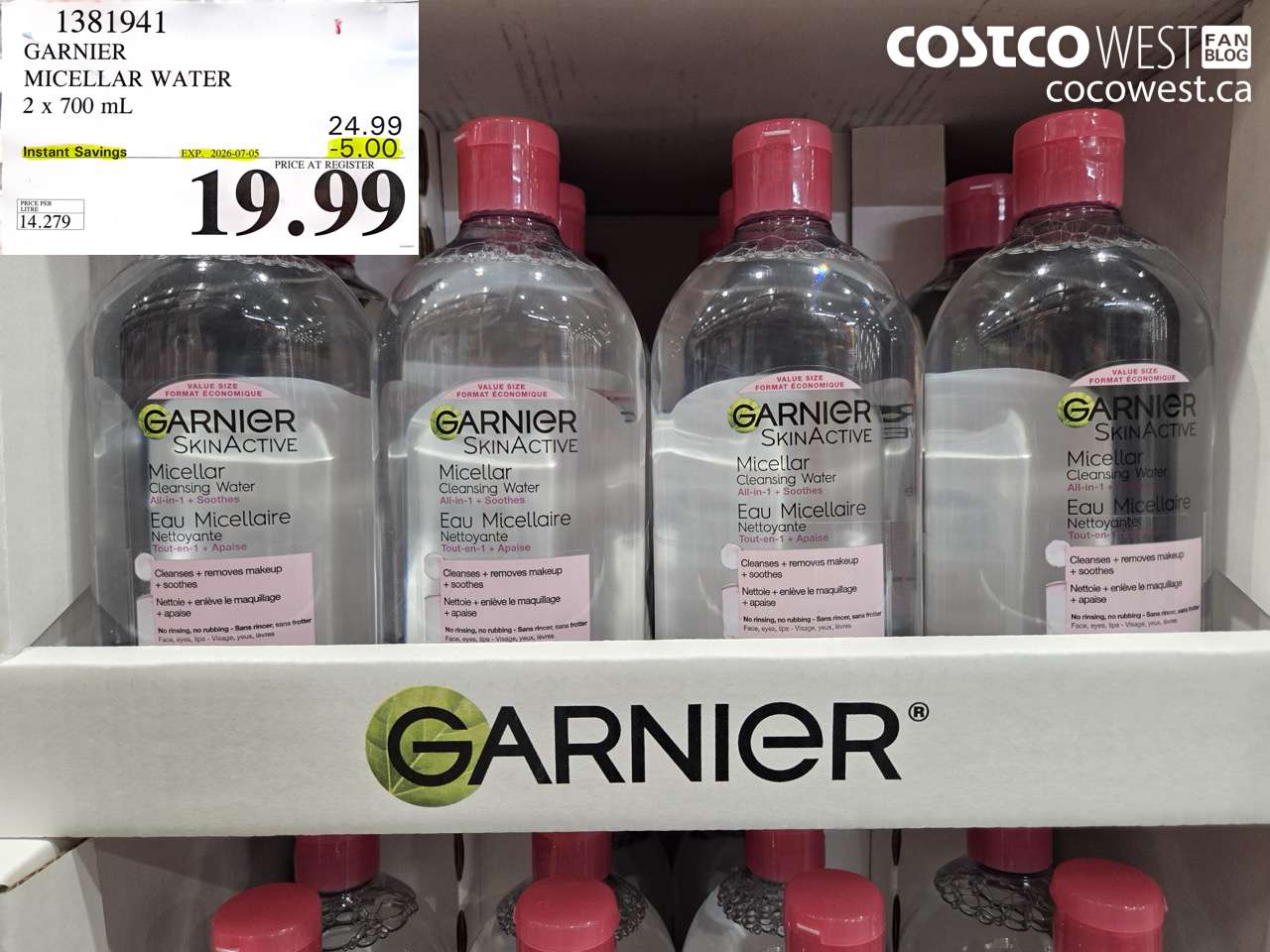 1381941 GARNIER MICELLAR WATER 2 X 700 ML ($5.00 INSTANT SAVINGS EXPIRES ON 2026-07-05) $19.99