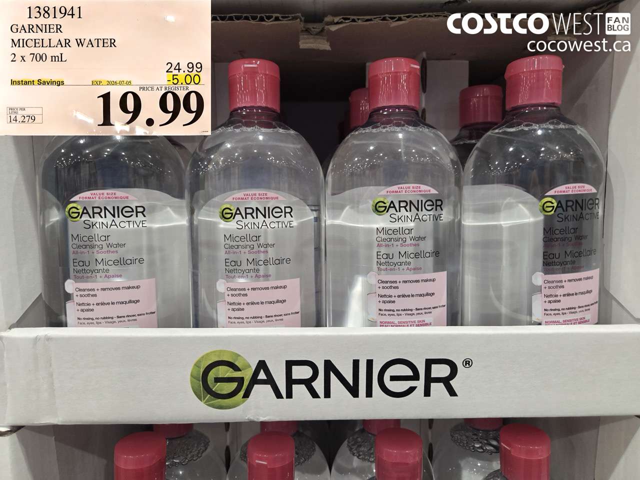 1381941 GARNIER MICELLAR WATER 2 X 700 ML ($5.00 INSTANT SAVINGS EXPIRES ON 2026-07-05) $19.99