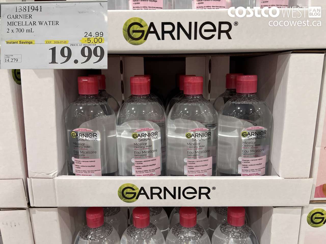 1381941 GARNIER MICELLAR WATER 2 X 700 ML ($5.00 INSTANT SAVINGS EXPIRES ON 2026-07-05) $19.99