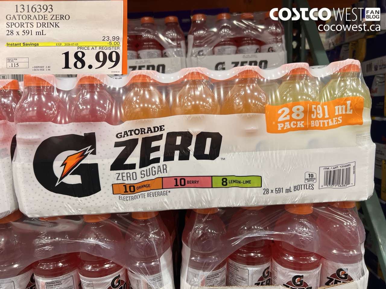 1316393 GATORADE ZERO SPORTS DRINK 28 X 591 ML ($5.00 INSTANT SAVINGS EXPIRES ON 2026-07-05) $18.99