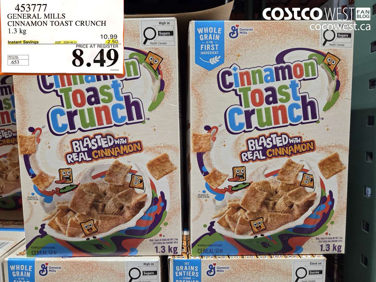 453777 GENERAL MILLS CINNAMON TOAST CRUNCH 1.3 KG ($2.50 INSTANT SAVINGS EXPIRES ON 2026-06-21) $8.49