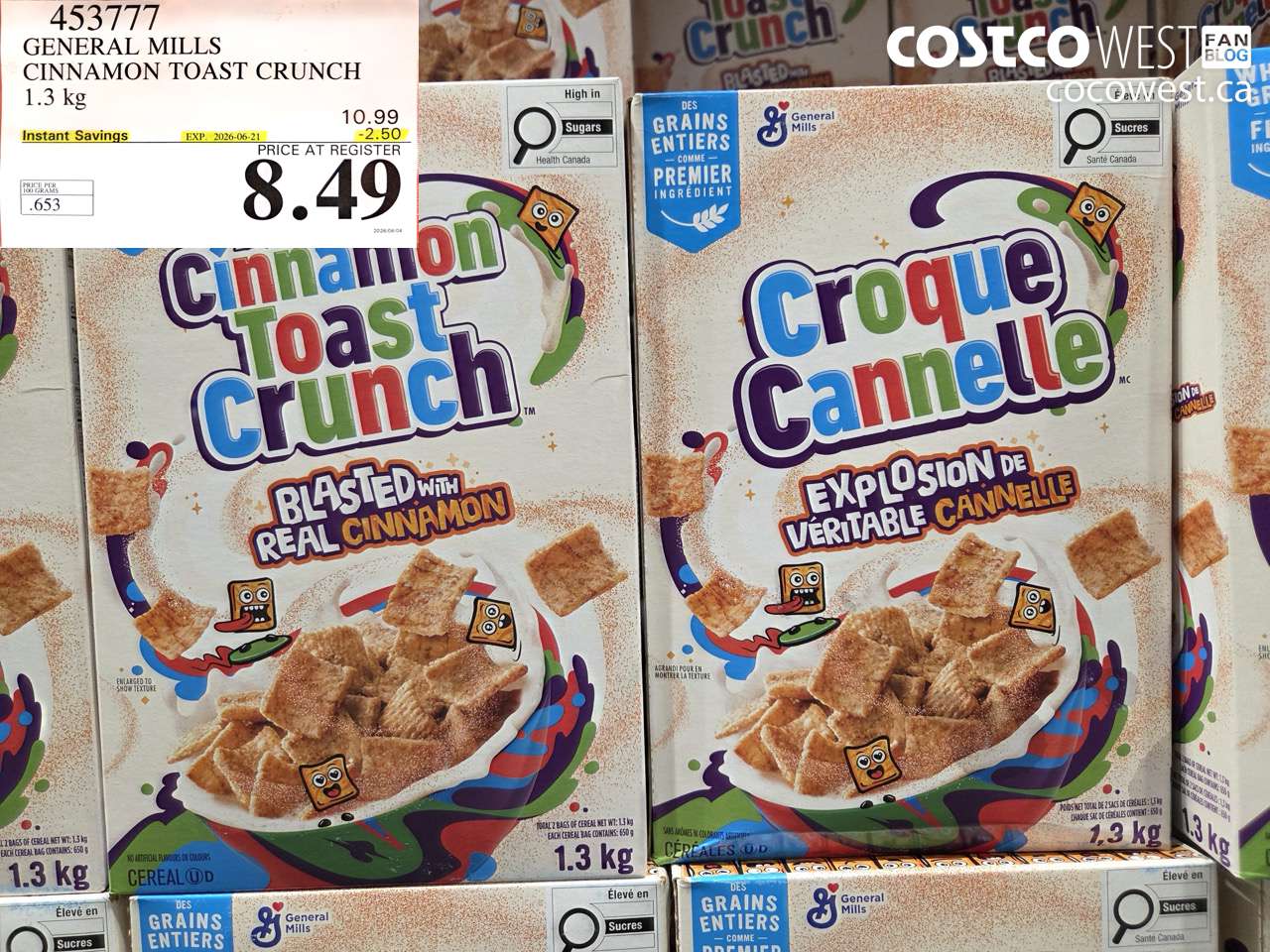 453777 GENERAL MILLS CINNAMON TOAST CRUNCH 1.3 KG ($2.50 INSTANT SAVINGS EXPIRES ON 2026-06-21) $8.49