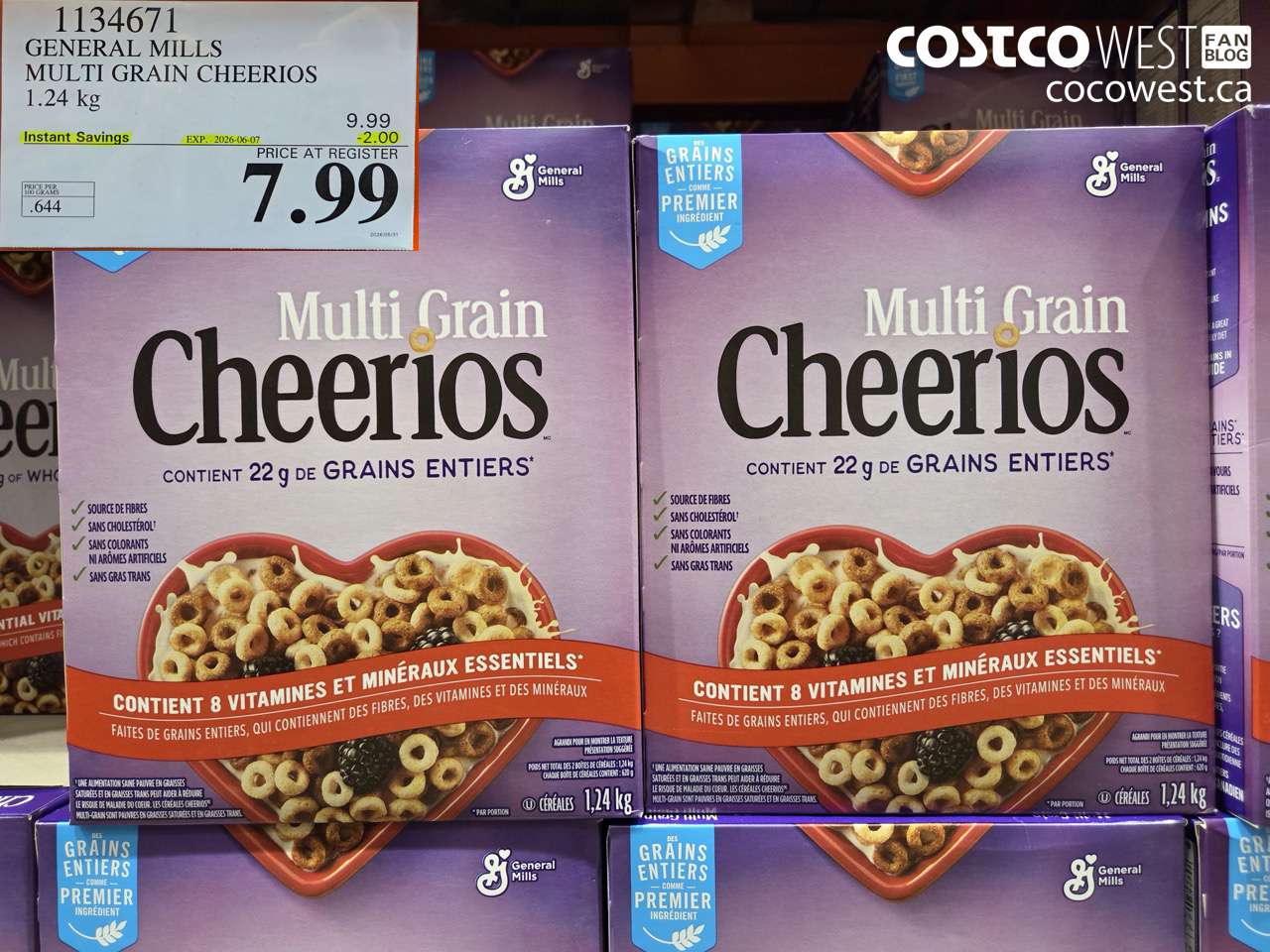 1134671 GENERAL MILLS MULTI GRAIN CHEERIOS 1.24 KG ($2.00 INSTANT SAVINGS EXPIRES ON 2026-06-07) $7.99
