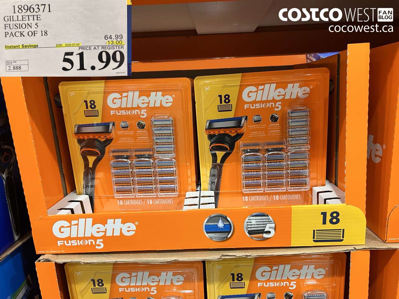 1896371 GILLETTE FUSION 5 PACK OF 18 ($13.00 INSTANT SAVINGS EXPIRES ON 2026-07-05) $51.99
