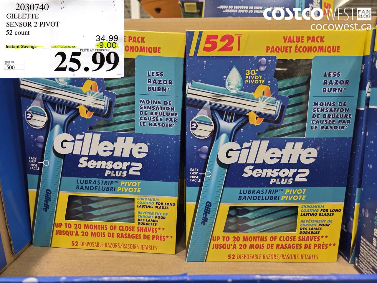 2030740 GILLETTE SENSOR 2 PIVOT 52 COUNT ($9.00 INSTANT SAVINGS EXPIRES ON 2026-07-05) $25.99