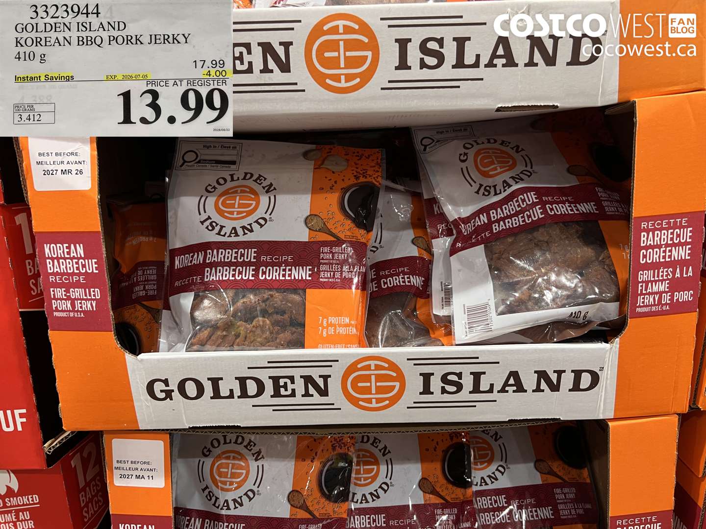 3323944 GOLDEN ISLAND KOREAN BBQ PORK JERKY 410 G ($4.00 INSTANT SAVINGS EXPIRES ON 2026-07-05) $13.99