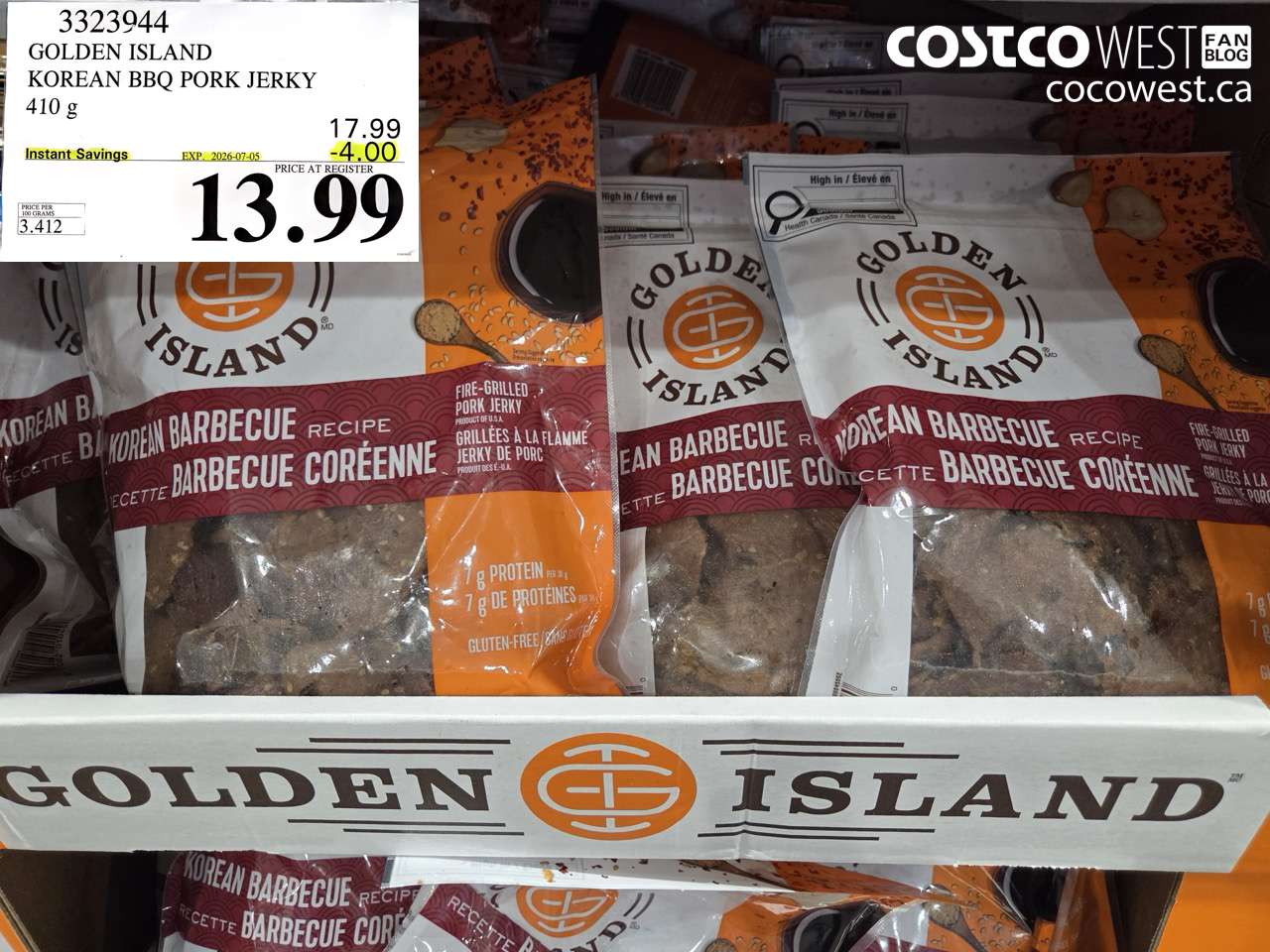 3323944 GOLDEN ISLAND KOREAN BBQ PORK JERKY 410 G ($4.00 INSTANT SAVINGS EXPIRES ON 2026-07-05) $13.99