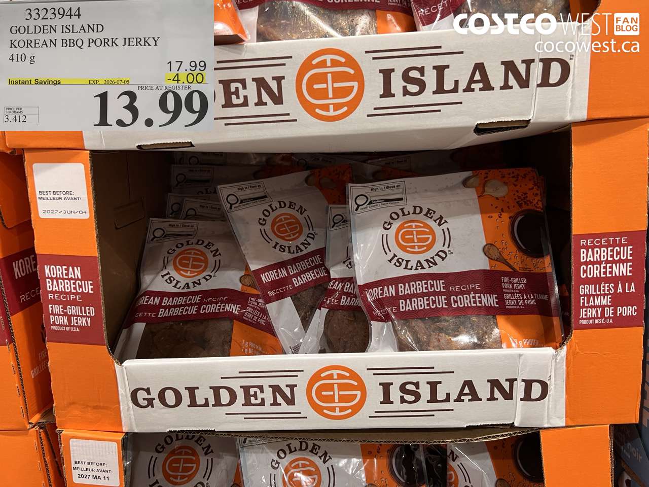 3323944 GOLDEN ISLAND KOREAN BBQ PORK JERKY 410 G ($4.00 INSTANT SAVINGS EXPIRES ON 2026-07-05) $13.99