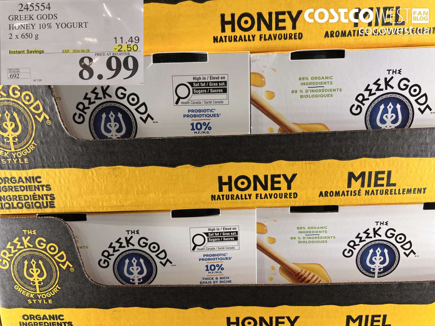 245554 GREEK GODS HONEY 10% YOGURT 2 X 650 G ($2.50 INSTANT SAVINGS EXPIRES ON 2026-06-28) $8.99