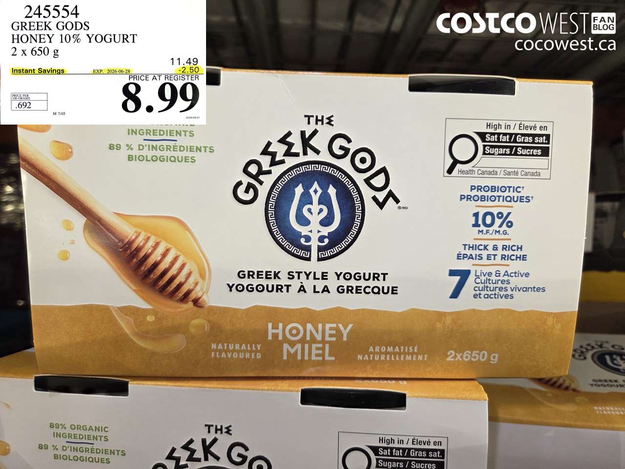 245554 GREEK GODS HONEY 10% YOGURT 2 X 650 G ($2.50 INSTANT SAVINGS EXPIRES ON 2026-06-28) $8.99