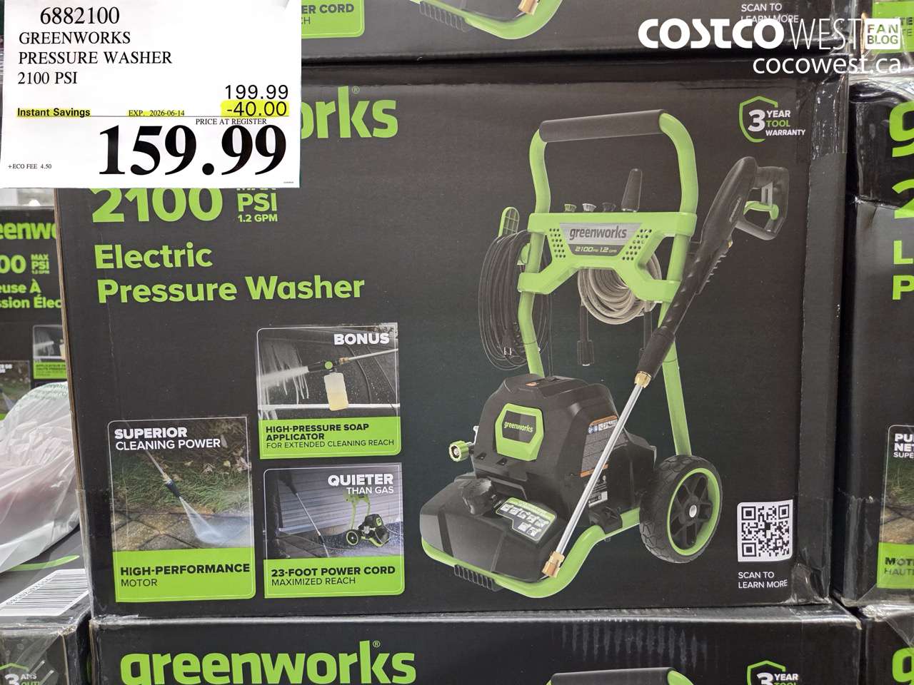 6882100 GREENWORKS PRESSURE WASHER 2100 PSI ($40.00 INSTANT SAVINGS EXPIRES ON 2026-06-14) $159.99