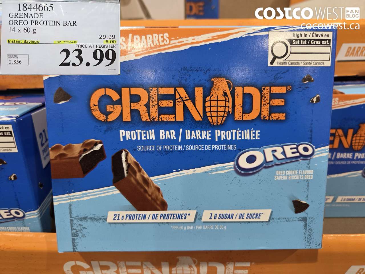 1844665 GRENADE OREO PROTEIN BAR 14 X 60 G ($6.00 INSTANT SAVINGS EXPIRES ON 2026-06-19) $23.99