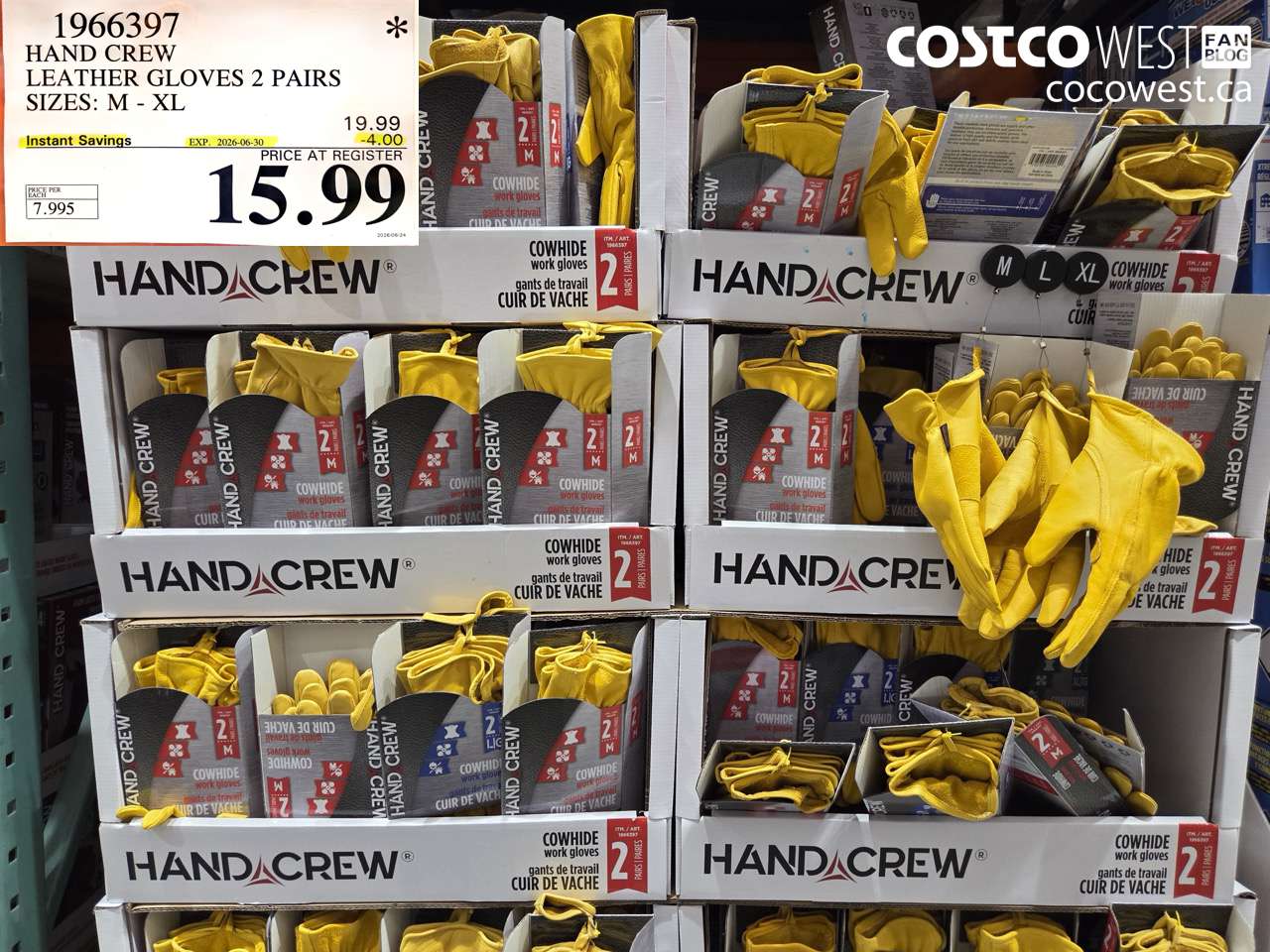 1966397 HAND CREW LEATHER GLOVES 2 PAIRS SIZES: M - XL ($4.00 INSTANT SAVINGS EXPIRES ON 2026-06-30) $15.99