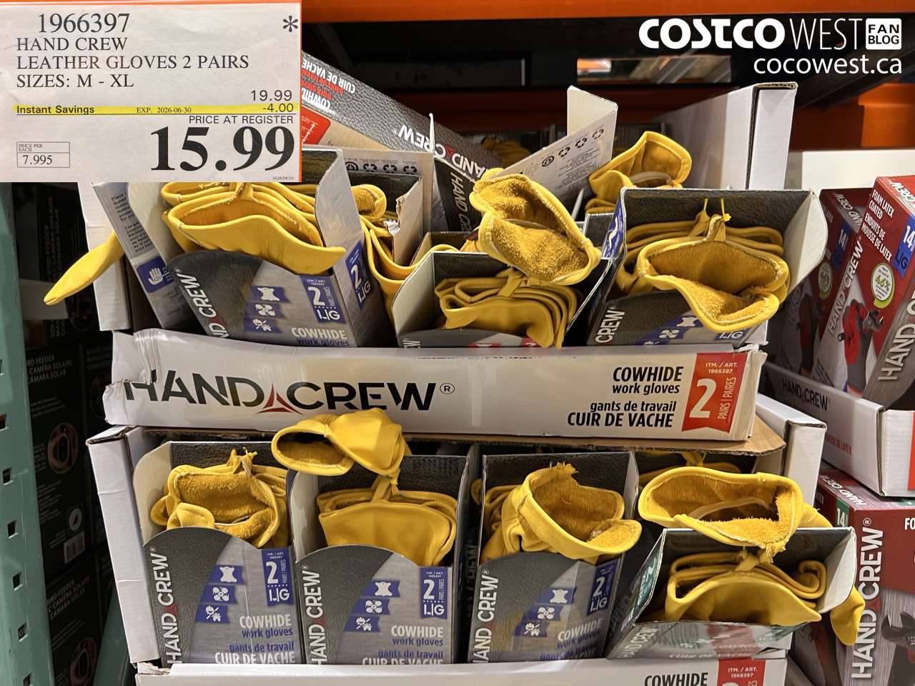 1966397 HAND CREW LEATHER GLOVES 2 PAIRS SIZES: M - XL ($4.00 INSTANT SAVINGS EXPIRES ON 2026-06-30) $15.99