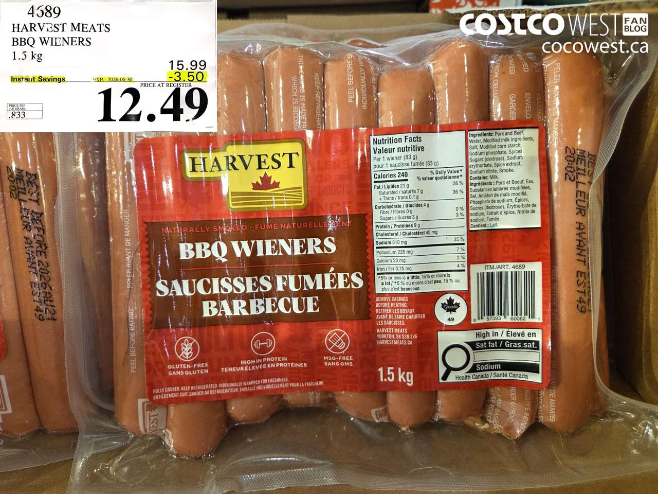 4589 HARVEST MEATS BBQ WIENERS 1.5 KG ($3.50 INSTANT SAVINGS EXPIRES ON 2026-06-30) $12.49
