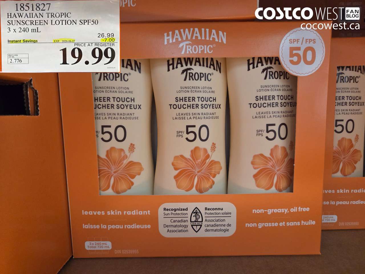 1851827 HAWAIIAN TROPIC SUNSCREEN LOTION SPF50 3 X 240 ML ($7.00 INSTANT SAVINGS EXPIRES ON 2026-06-07) $19.99