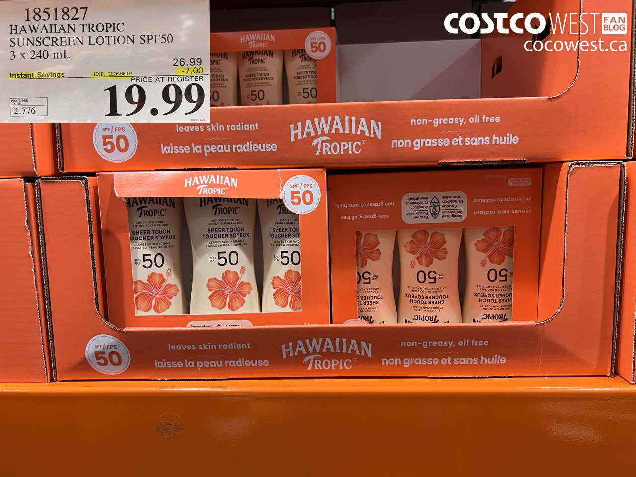 1851827 HAWAIIAN TROPIC SUNSCREEN LOTION SPF50 3 X 240 ML ($7.00 INSTANT SAVINGS EXPIRES ON 2026-06-07) $19.99