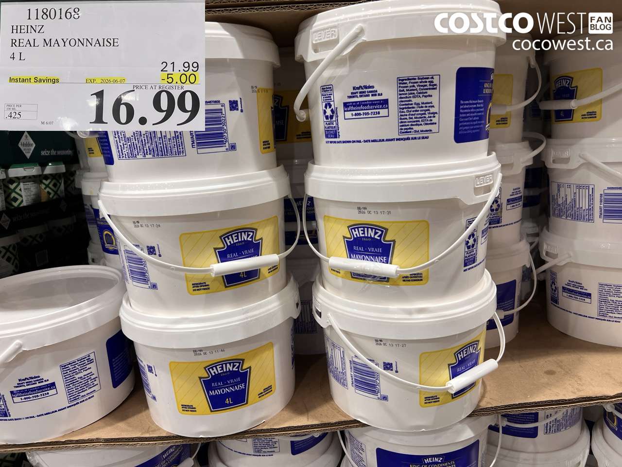 1180168 HEINZ REAL MAYONNAISE 4 L ($5.00 INSTANT SAVINGS EXPIRES ON 2026-06-07) $16.99