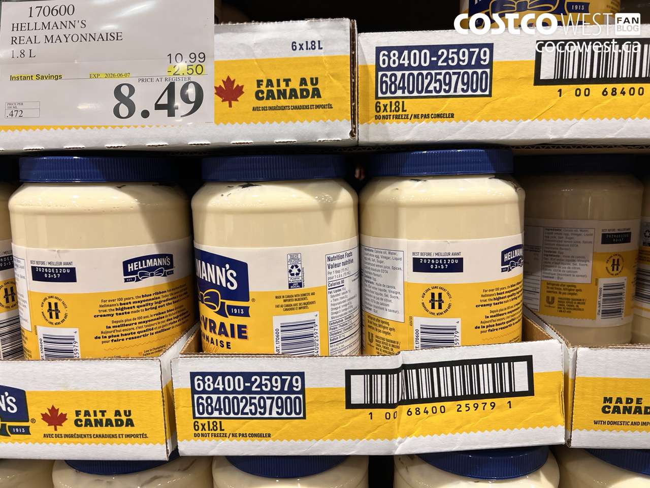 170600 HELLMANN'S REAL MAYONNAISE 1.8 L ($2.50 INSTANT SAVINGS EXPIRES ON 2026-06-07) $8.49