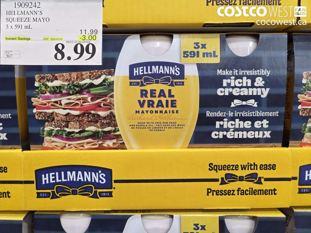 1909242 HELLMANN'S SQUEEZE MAYO 3 X 591 ML ($3.00 INSTANT SAVINGS EXPIRES ON 2026-07-05) $8.99