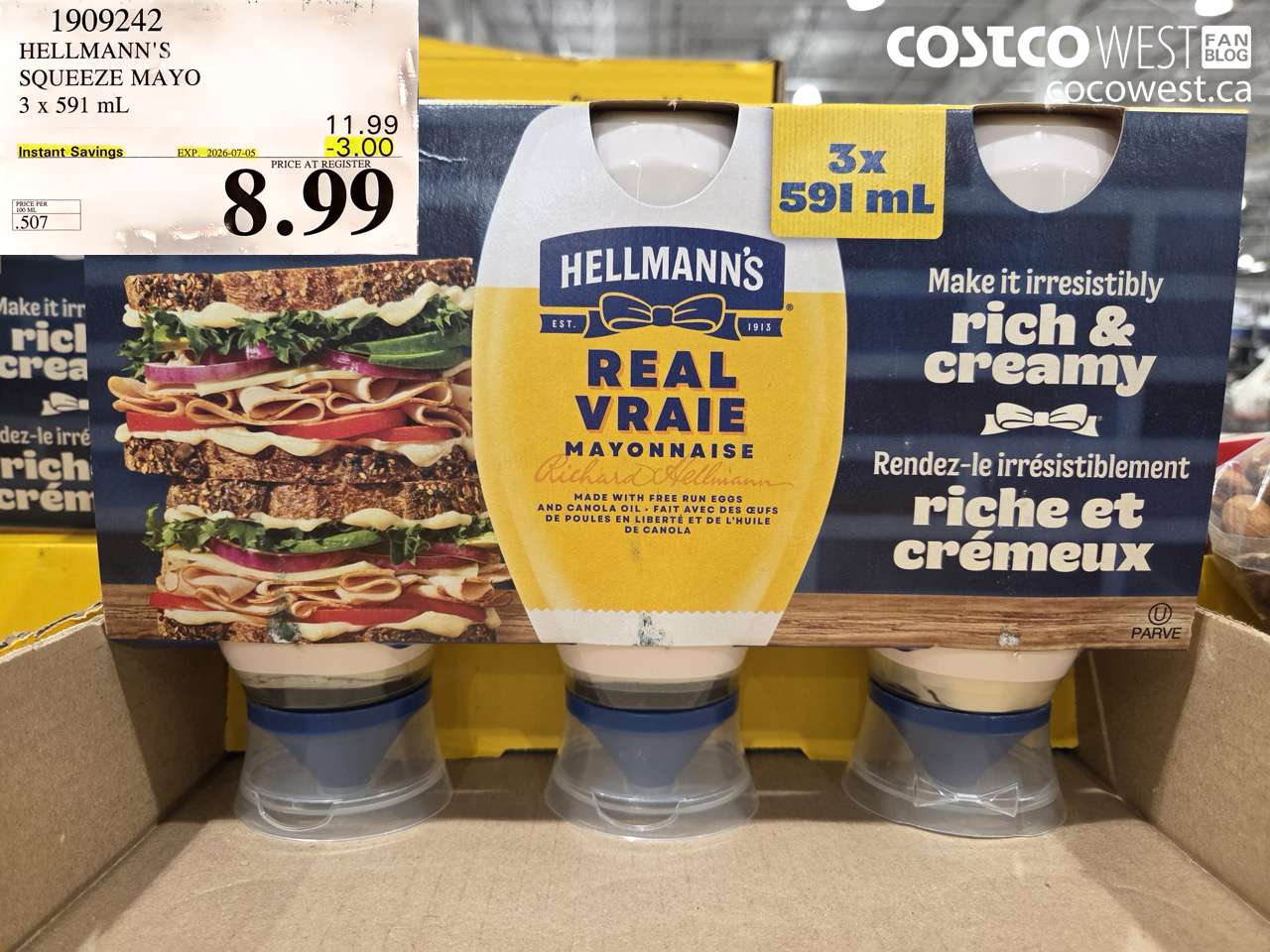 1909242 HELLMANN'S SQUEEZE MAYO 3 X 591 ML ($3.00 INSTANT SAVINGS EXPIRES ON 2026-07-05) $8.99