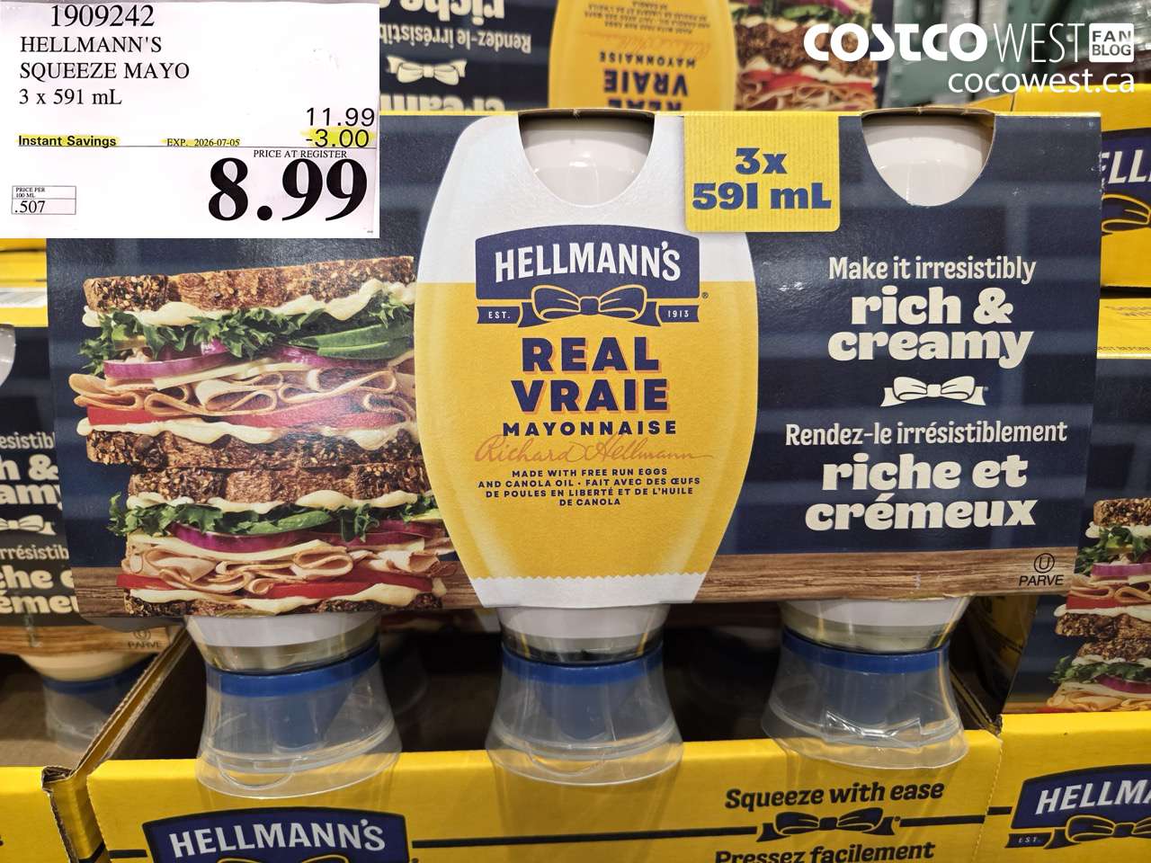 1909242 HELLMANN'S SQUEEZE MAYO 3 X 591 ML ($3.00 INSTANT SAVINGS EXPIRES ON 2026-07-05) $8.99