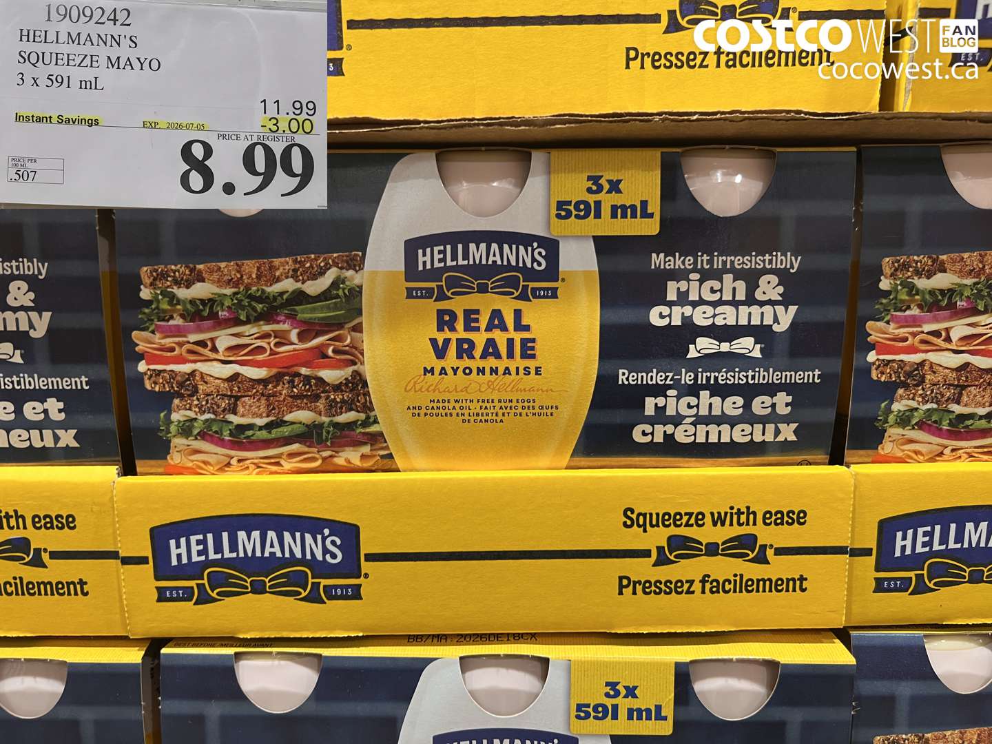 1909242 HELLMANN'S SQUEEZE MAYO 3 X 591 ML ($3.00 INSTANT SAVINGS EXPIRES ON 2026-07-05) $8.99