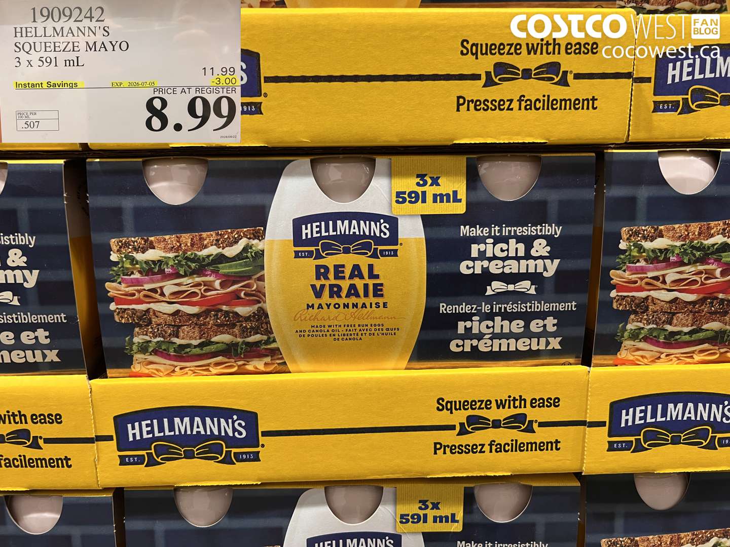 1909242 HELLMANN'S SQUEEZE MAYO 3 X 591 ML ($3.00 INSTANT SAVINGS EXPIRES ON 2026-07-05) $8.99