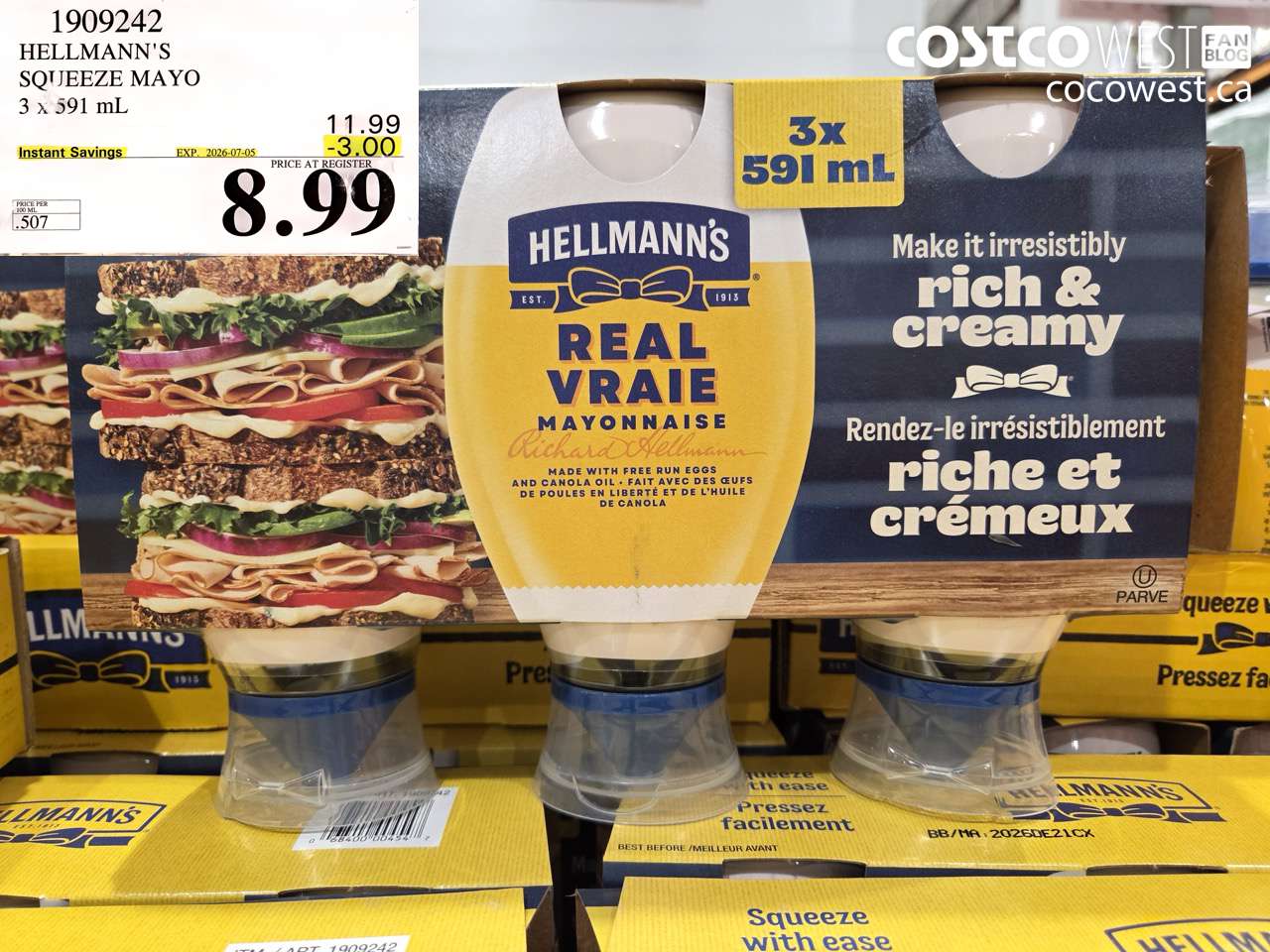 1909242 HELLMANN'S SQUEEZE MAYO 3 X 591 ML ($3.00 INSTANT SAVINGS EXPIRES ON 2026-07-05) $8.99