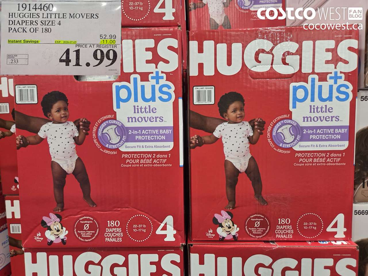 1914460 HUGGIES LITTLE MOVERS DIAPERS SIZE 4 PACK OF 180 ($11.00 INSTANT SAVINGS EXPIRES ON 2026-07-05) $41.99