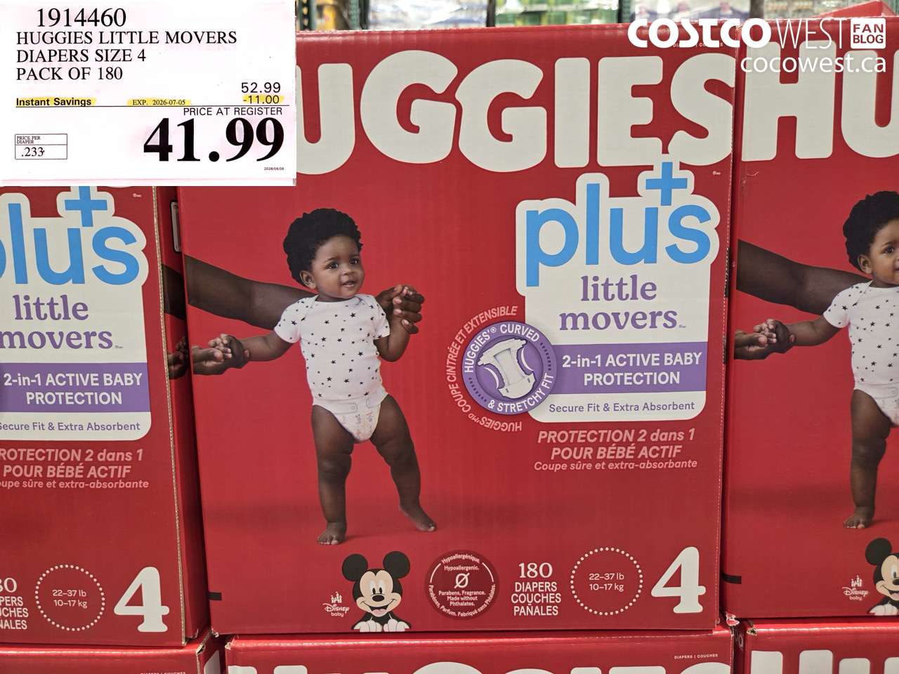 1914460 HUGGIES LITTLE MOVERS DIAPERS SIZE 4 PACK OF 180 ($11.00 INSTANT SAVINGS EXPIRES ON 2026-07-05) $41.99
