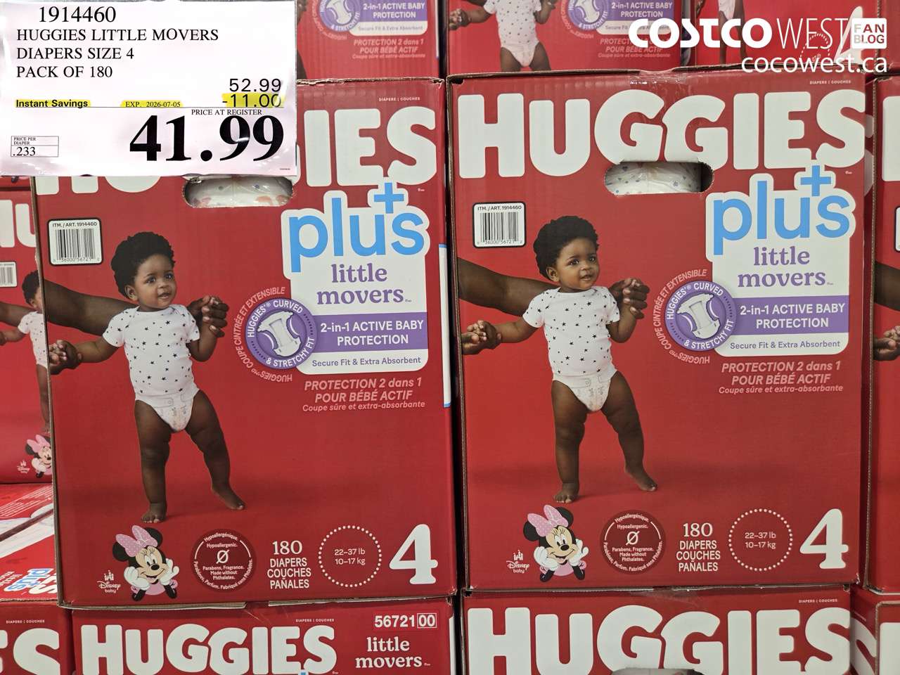 1914460 HUGGIES LITTLE MOVERS DIAPERS SIZE 4 PACK OF 180 ($11.00 INSTANT SAVINGS EXPIRES ON 2026-07-05) $41.99