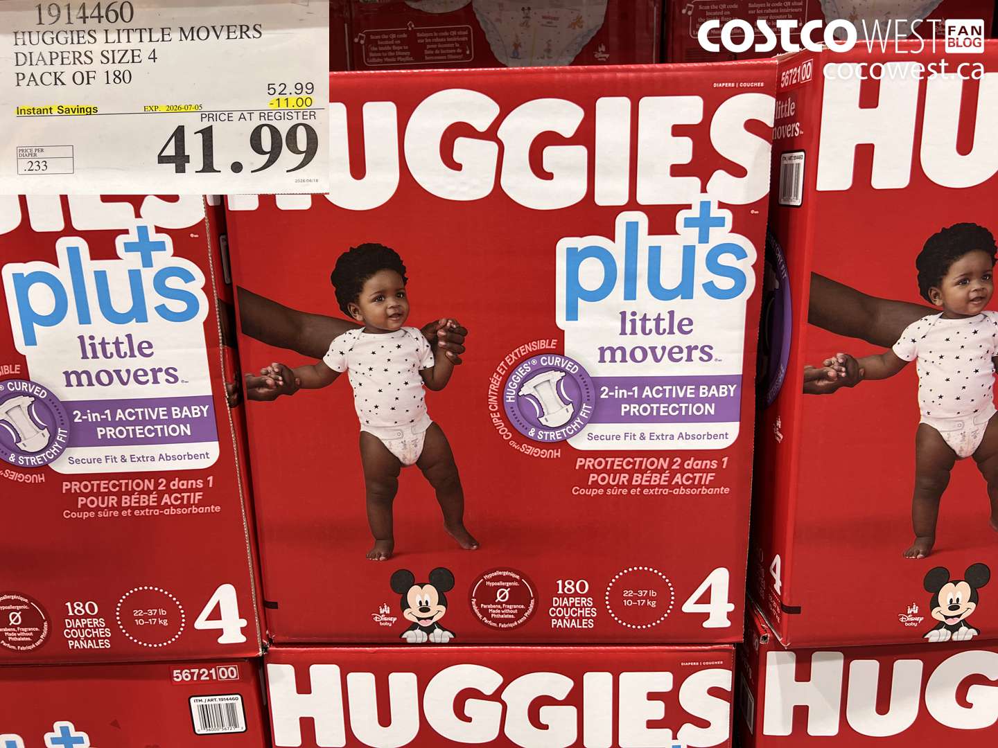 1914460 HUGGIES LITTLE MOVERS DIAPERS SIZE 4 PACK OF 180 ($11.00 INSTANT SAVINGS EXPIRES ON 2026-07-05) $41.99