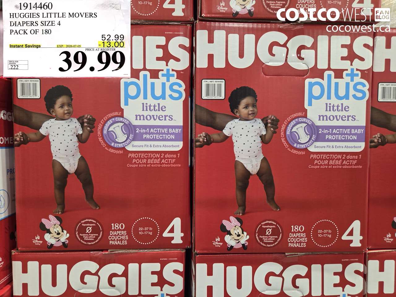 1914460 HUGGIES LITTLE MOVERS DIAPERS SIZE 4 PACK OF 180 ($13.00 INSTANT SAVINGS EXPIRES ON 2026-07-05) $39.99