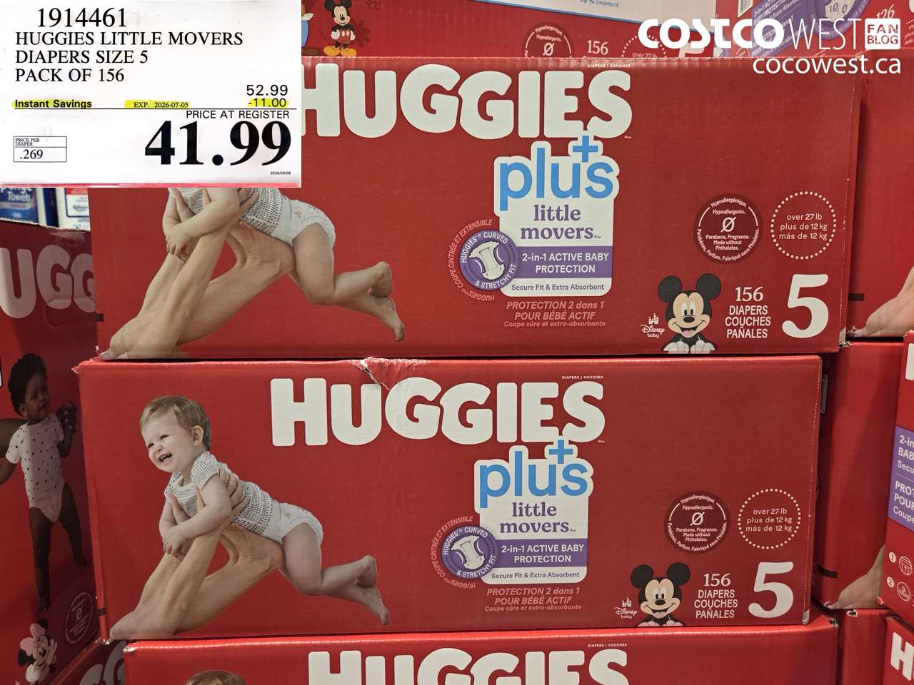 1914461 HUGGIES LITTLE MOVERS DIAPERS SIZE 5 PACK OF 156 ($11.00 INSTANT SAVINGS EXPIRES ON 2026-07-05) $41.99