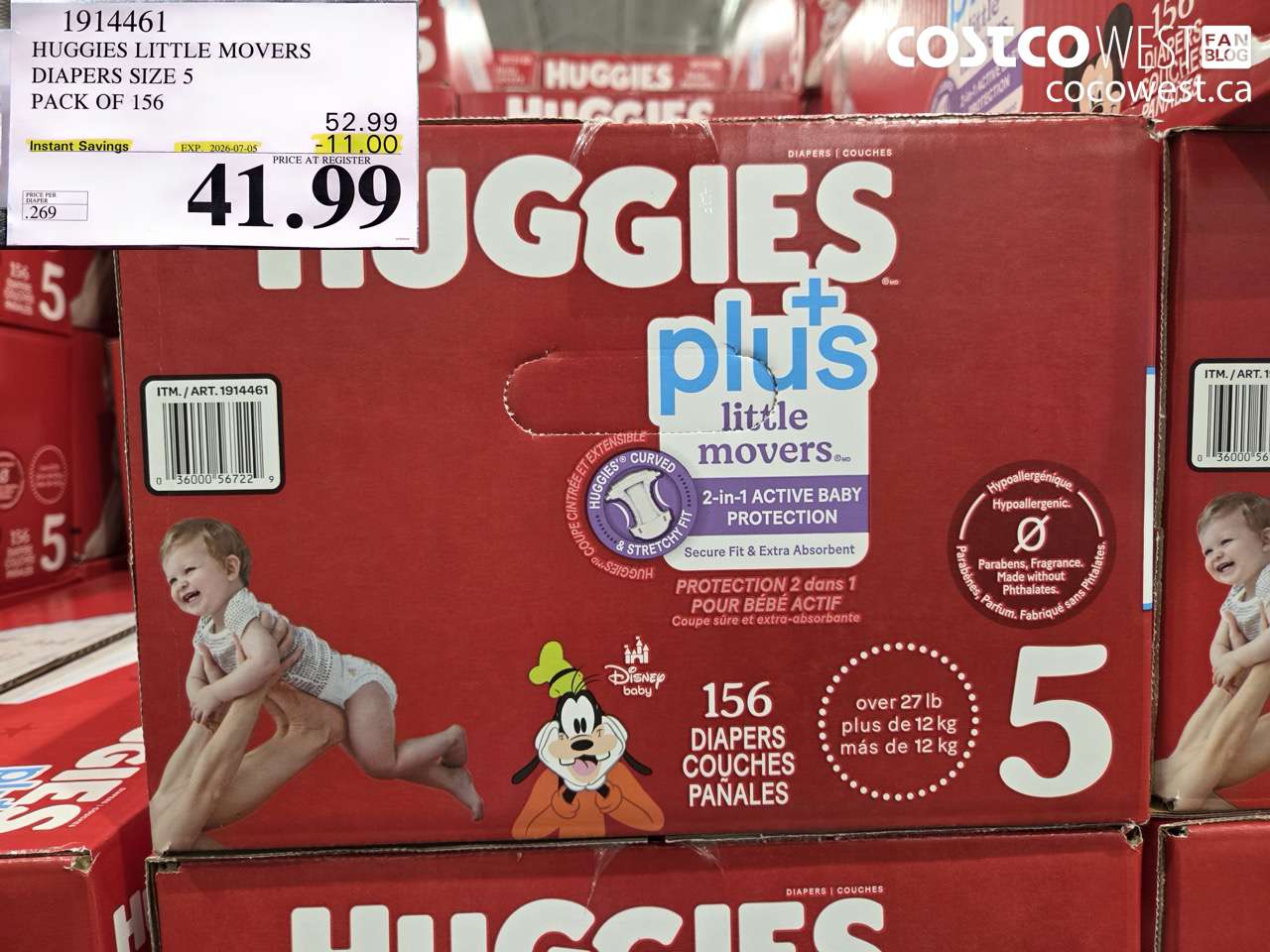 1914461 HUGGIES LITTLE MOVERS DIAPERS SIZE 5 PACK OF 156 ($11.00 INSTANT SAVINGS EXPIRES ON 2026-07-05) $41.99
