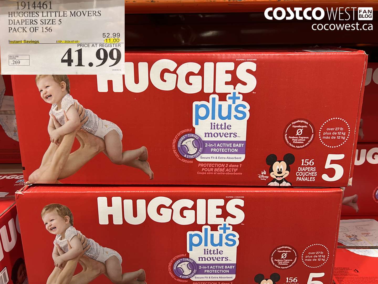 1914461 HUGGIES LITTLE MOVERS DIAPERS SIZE 5 PACK OF 156 ($11.00 INSTANT SAVINGS EXPIRES ON 2026-07-05) $41.99
