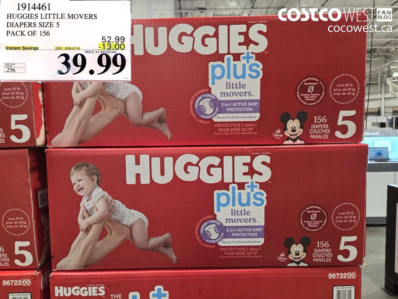1914461 HUGGIES LITTLE MOVERS DIAPERS SIZE 5 PACK OF 156 ($13.00 INSTANT SAVINGS EXPIRES ON 2026-07-05) $39.99